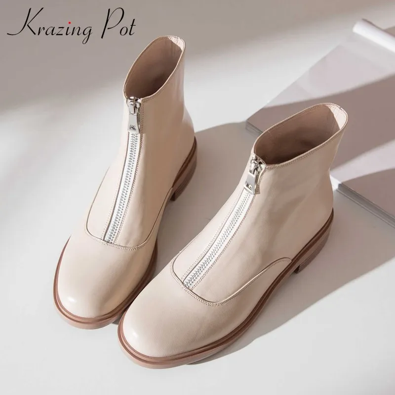 krazing pot winter warm leisure simple style genuine leather solid round toe low heels women fashion Zipper punk ankle boots L00