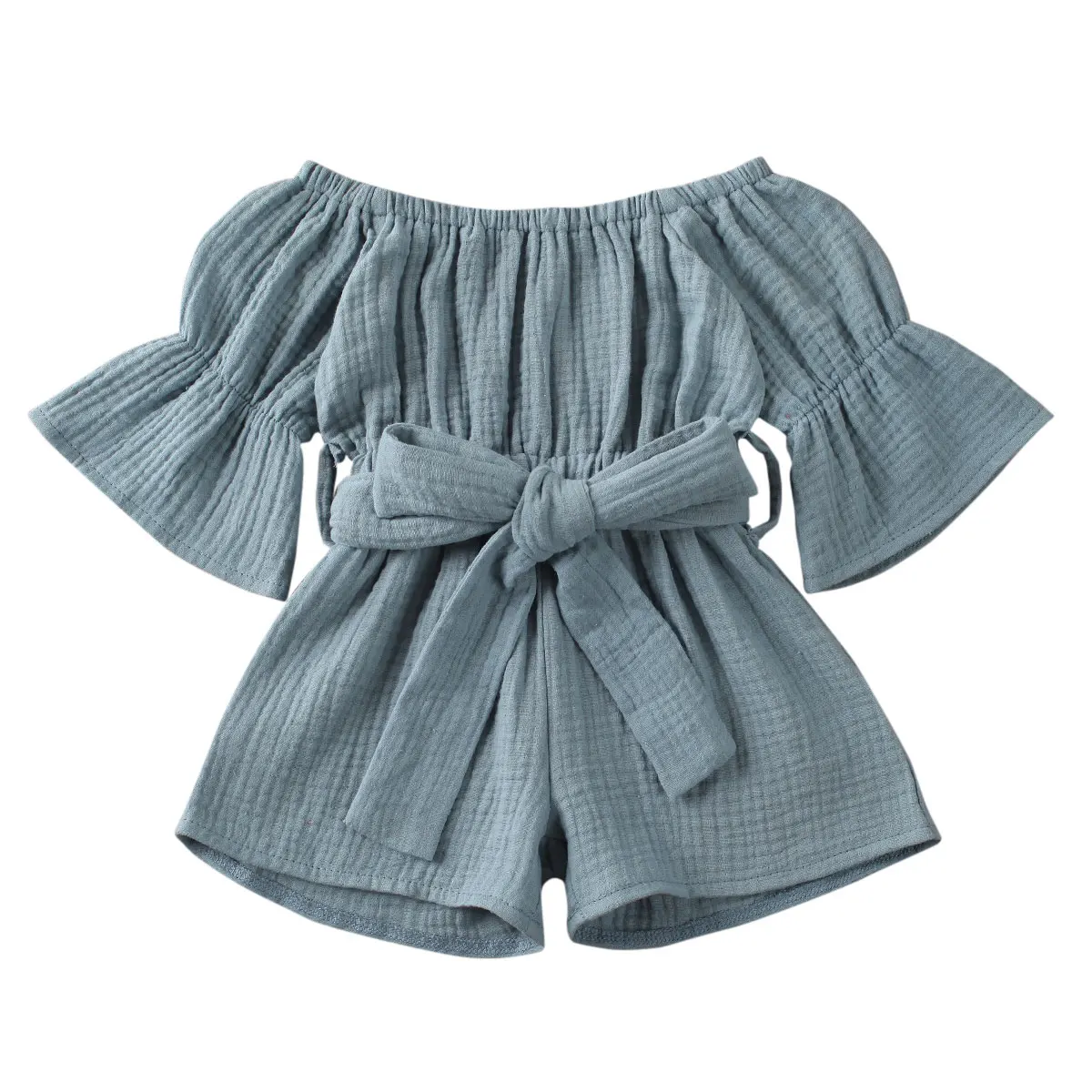 Kid Baby Girls Short Sleeve Off Shoulder Romper Jumpsuit Solid Bow Playsuit Clothing