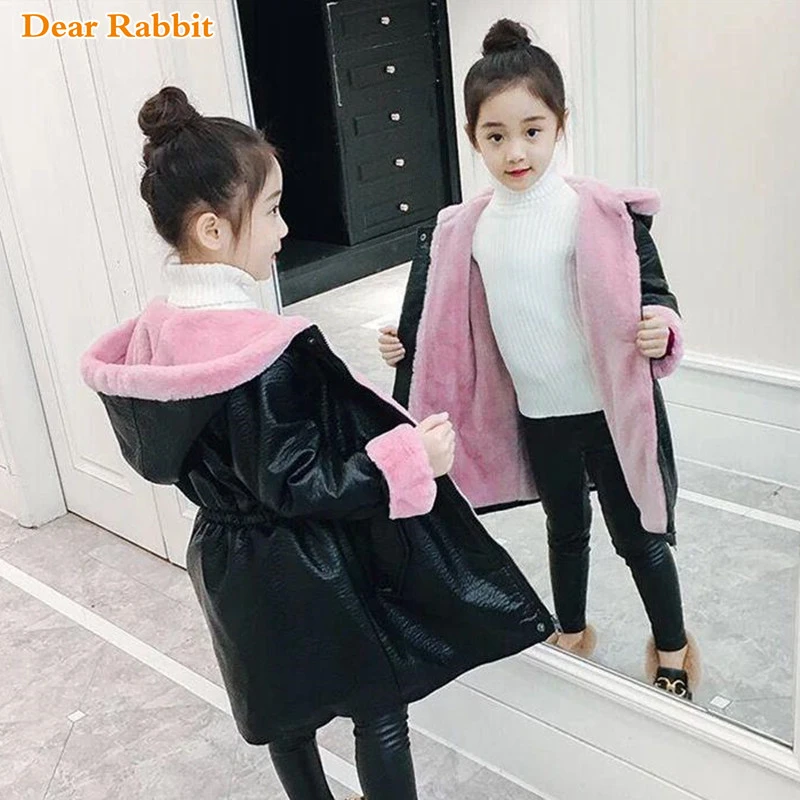 

Children kids clothing Winter Thicken Warm Long waterproof Fake fur Jacket 2019 Girls Clothes Hoodie parka Outwear Leather Coat