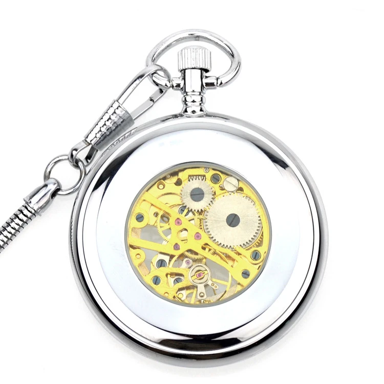 S021# keleton Steampunk Mechanical Pocket Watch Necklace Open Face Silver Golden Retro Clock Chain Pendant Men Women Gift