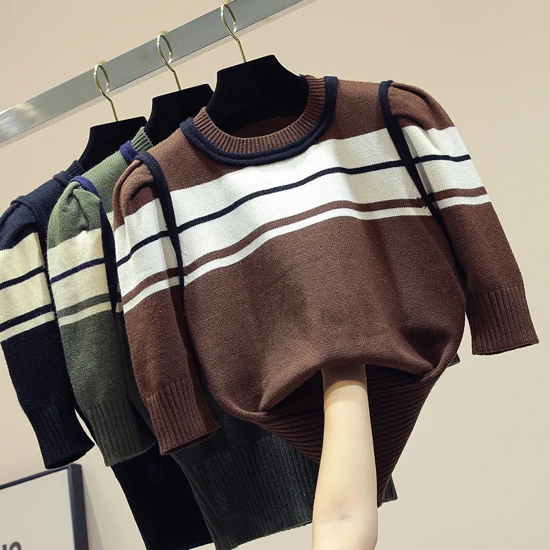 Новинка в Корейском стиле colorblock(цветовой блок), прошитая, с короткими рукавами шорты Модный вязаный свитер для женщин