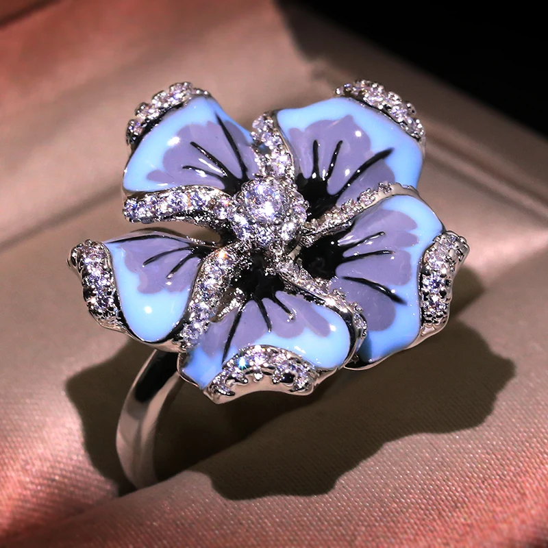 Milangirl Jewelry For Woman Blue Flower Ring Fashion Trendy HANDMADE Enamel Ring fashion rings fashion ring finger rings