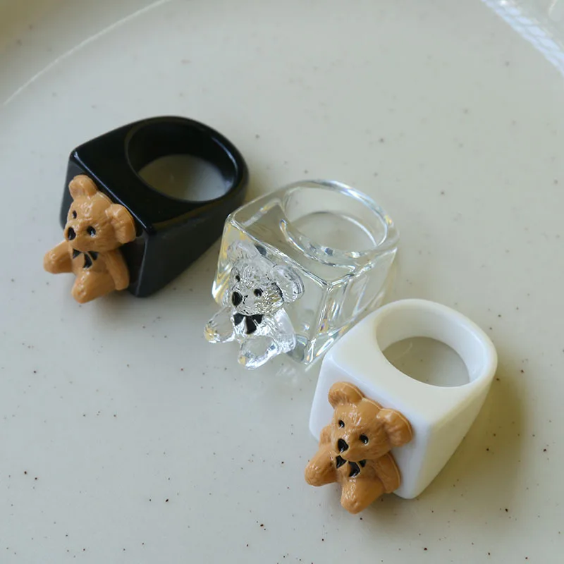Cartoon Transparent Resin Acrylic Geometric Square Bear finger Rings For Women Girls Travel Jewelry Gifts finger ring,animal ring