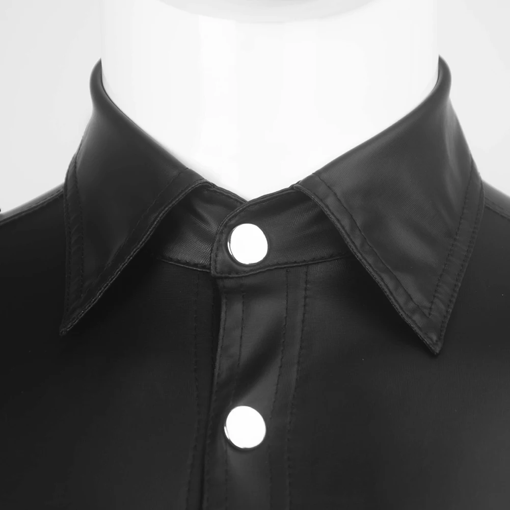 Летняя мужская одежда для ночного клуба, отложной воротник, короткий рукав, однобортный, с карманами, Сексуальная мужская Облегающая рубашка из искусственной кожи, вечерние рубашки