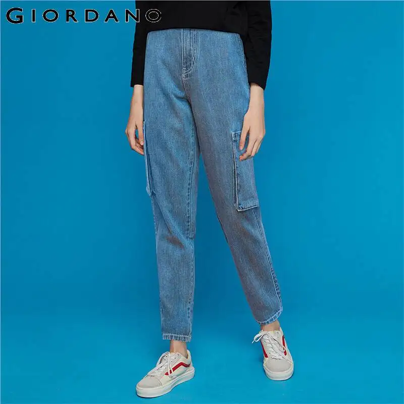 Женские джинсы с высокой посадкой Giordano прямые однотонные до щиколотки широкими