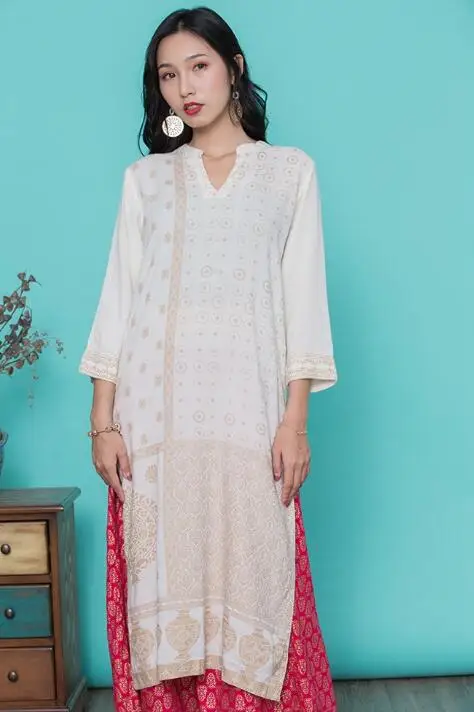 Новые женские модные комплекты в этническом стиле хлопок печати Индии Kurtas три четверти рукав длинный топ брюки