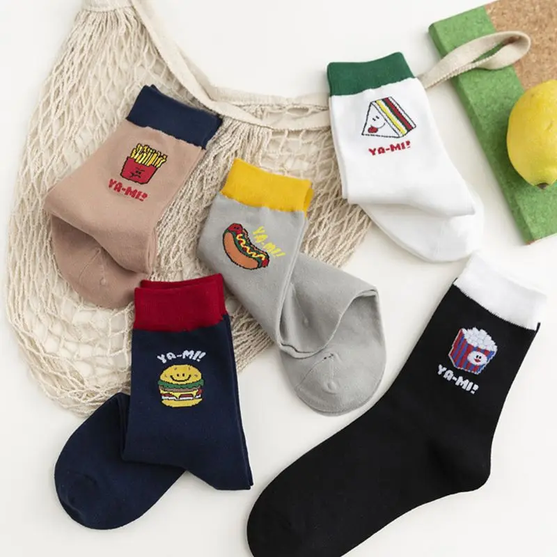 5 пар женских носков для скейтборда в стиле хип-хоп, носки с мультяшным принтом еды и закусок