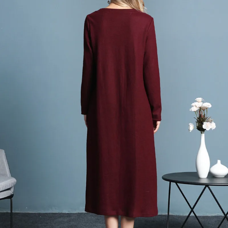 Модное Однотонное шерстяное платье с круглым вырезом и длинными рукавами, повседневное модное свободное женское осеннее и зимнее новое платье TC937
