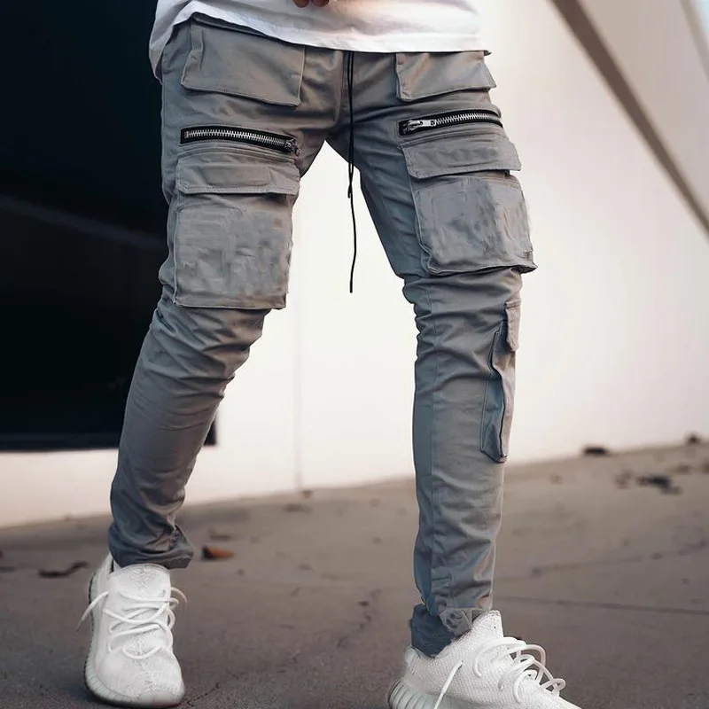 High Street Cargo Pants Men Zipper Big Pocket Mens Casual Slim Fit Workout Trousers Solid  Harajuku Sweatpants Sportswear 2021 cargo pants for men