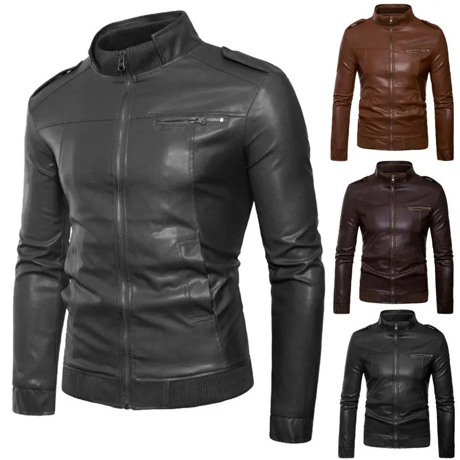 New arrival Autumn Male Leather Jacket Plus Size 3XL Black Brown Men Stand Collar Coats Leather Biker Jacket Coat Outwear