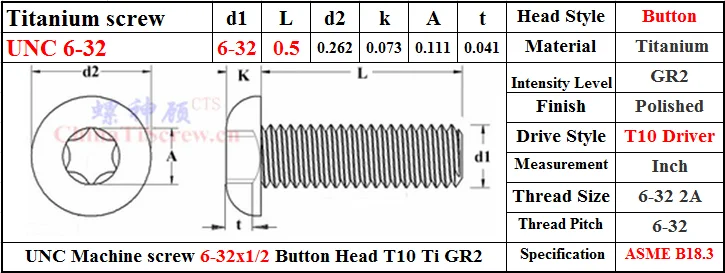 1-100pc 6-32x3/8 Titanium button head Torx screws Bolt 0010 