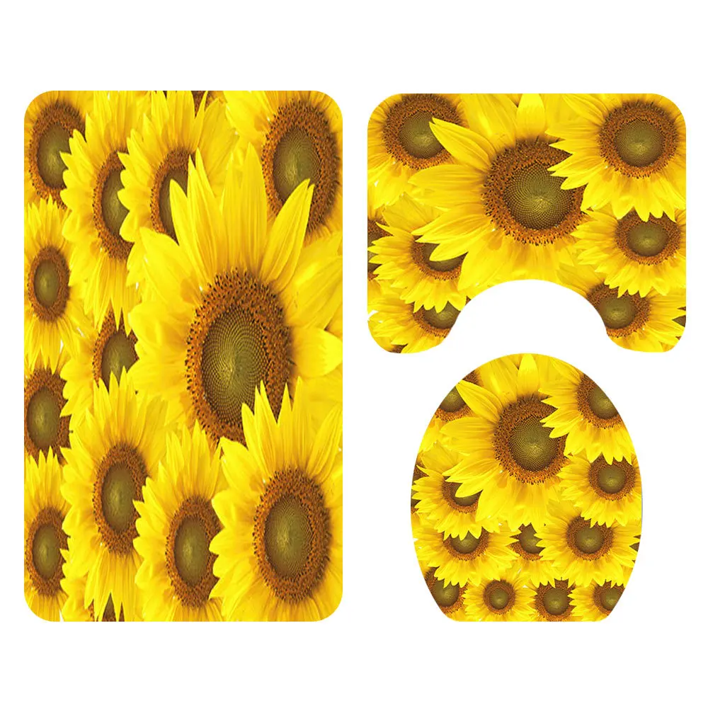 Zeegle Sun Flower Bath Mat Set Shower Curtain Set with Hooks Washable Toilet Foot Rug Lid Toilet Cover Mat Bathroom Entrance Mat - Цвет: SY203