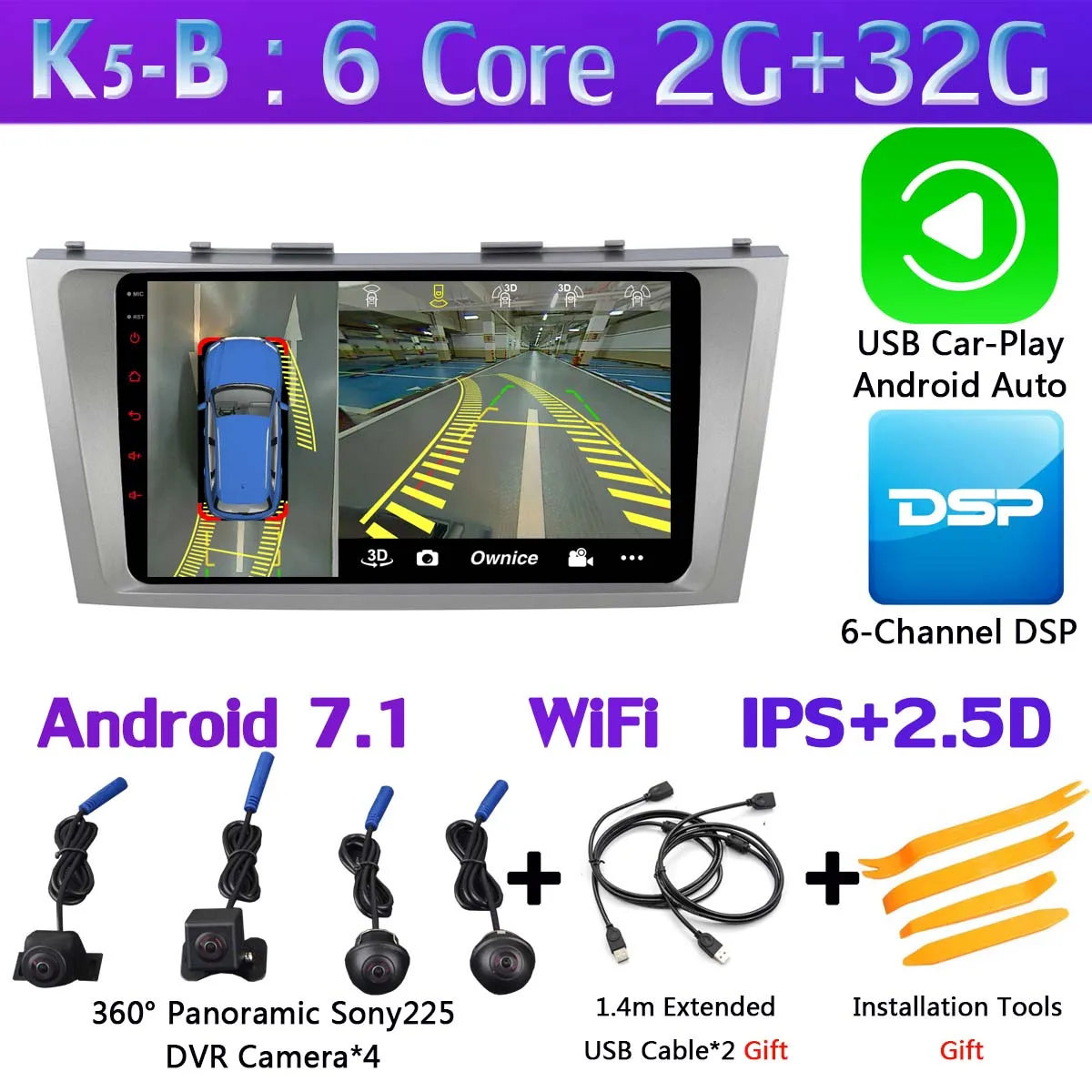 360 ° 4 × камера Android 9,0 8Core 4G+ 64G Автомобильный DVD Мультимедиа gps для Toyota Camry 2007-2011 2013 головное устройство стерео SPDIF DSP CarPlay - Цвет: K5-B-CarPlay