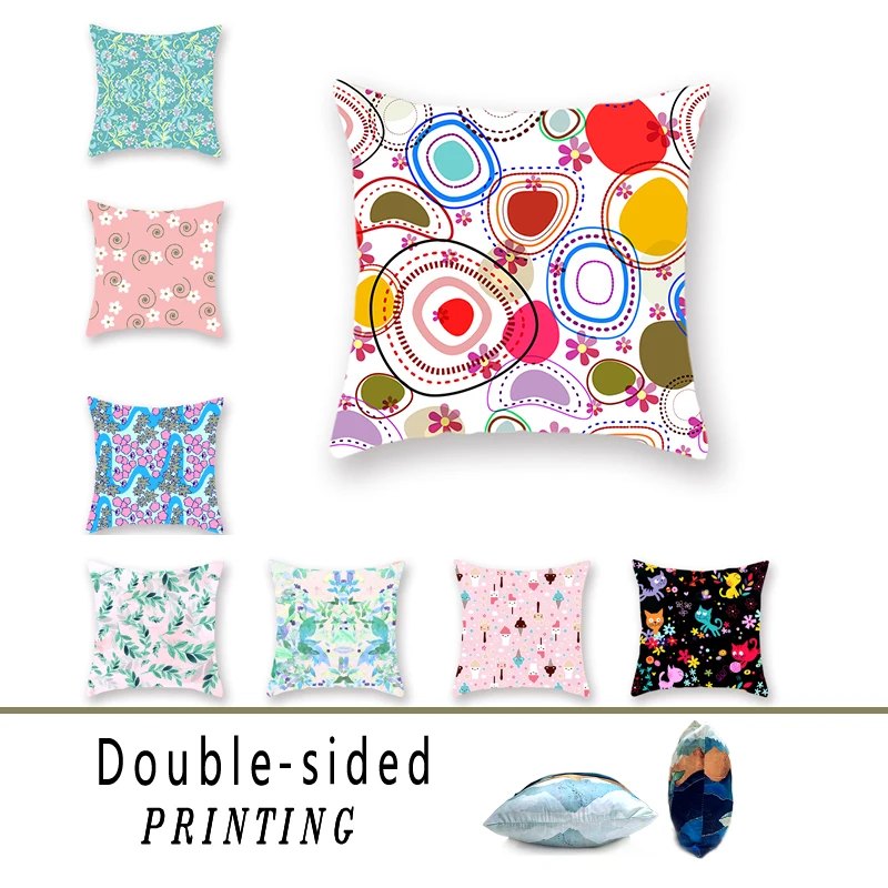 

Cartoon Ice Cream Cat Double Sided Polyester Throw Pillowcase Idyllic Small Floral Printed Sofa Bench Cushion Cover Decoration