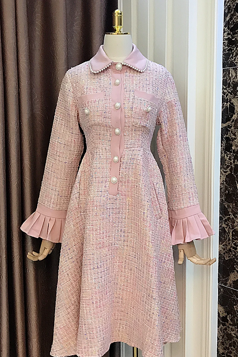 winter temperament elegant lapel beaded diamond waist slim Slim a-line dress