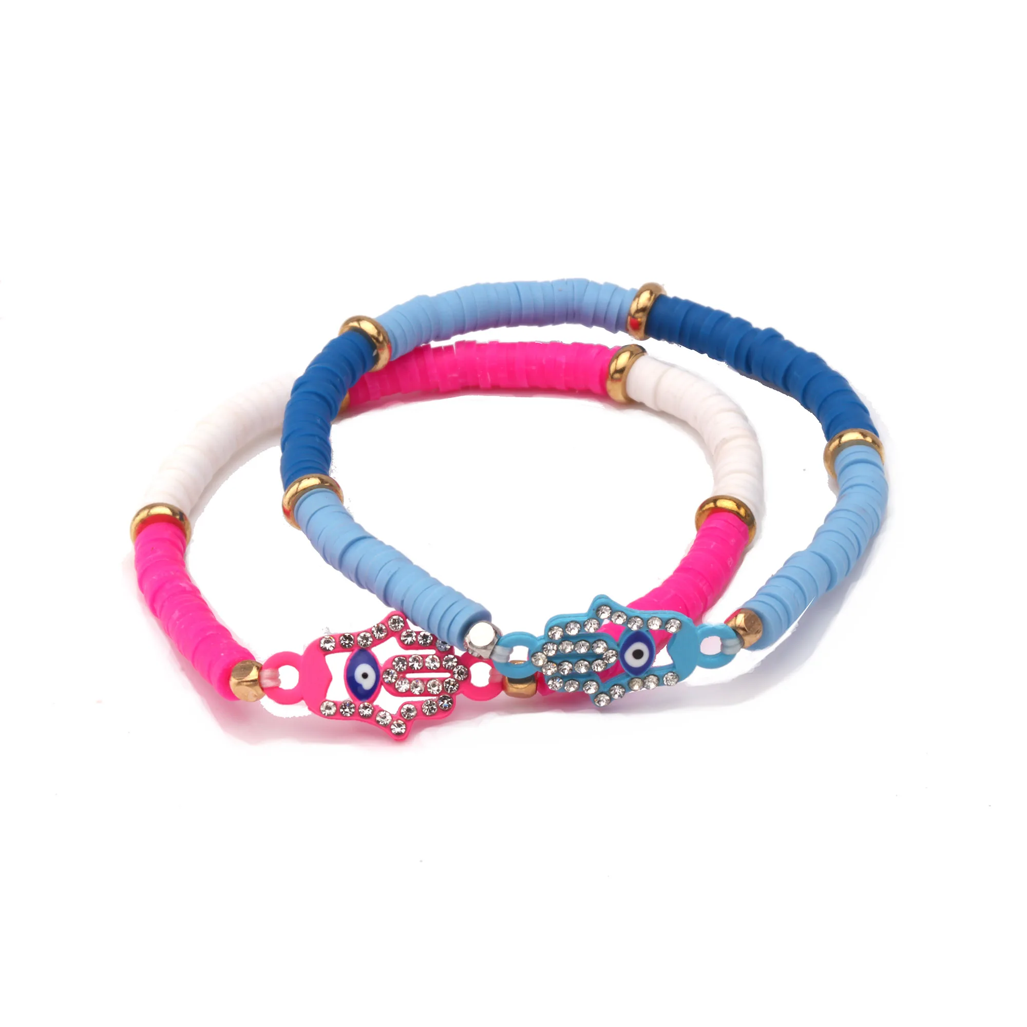 

Diamante Hamsa Hand Long eyelash Evil eyes Bar Lucky Charm Heishi Bracelets Women Men Zinc Alloy Crystal Polymer Clay Jewelry He