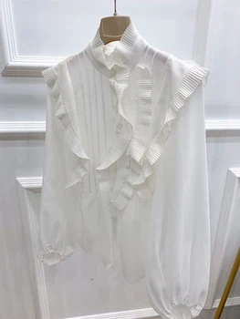 

2019 New Ladies Fashion Long Sleeve Sexy Casual Pleated Ruffled Lace Silk Shirt 1218