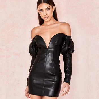 

BacklakeGirls 2019 Sexy V Neck Off Shoulder Long Sleeve Zipper Back Wrap Chest Leather Short Black Cocktail Dress Party Dress