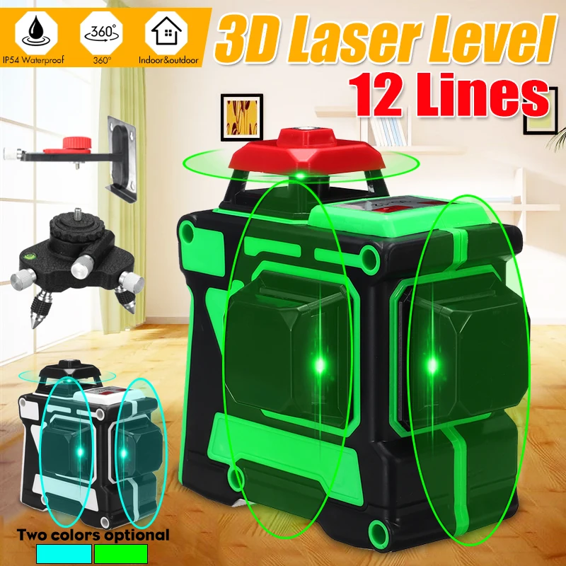

12 Line Green Laser Level Tripod Bracket 3D 360 Rotary Self Leveling Horizontal Vertical Cross Super Powerful Laser Beam Line
