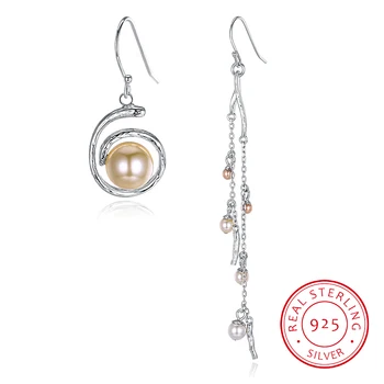 

Sterling Silver Long Ear-rings Woman Fine Jewelry Earrings With Pearls Dangle Tassels Earrings Asymmetry Design 2019
