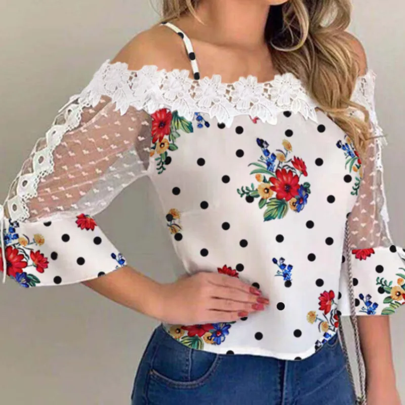 off the shoulder shirts & tops 2021 Autumn Women Elegant Stylish Party Top Female Fashion Basic Casual Shirt Cold Shoulder Mesh Insert Dots Floral Print Blouse white long sleeve top Blouses & Shirts