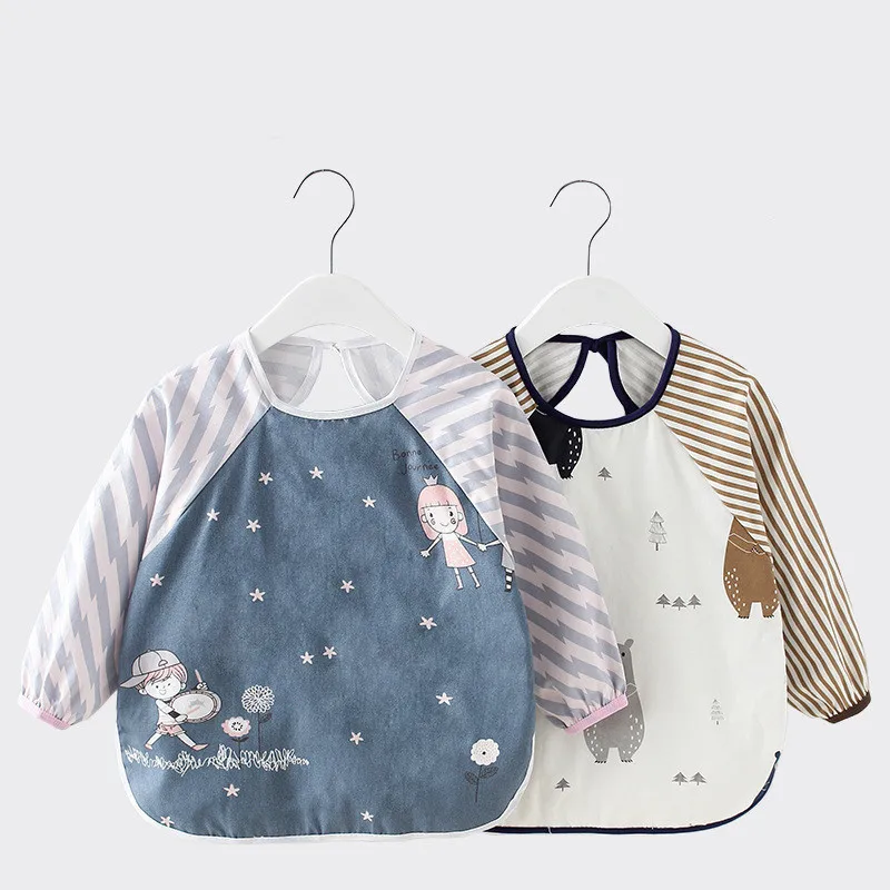 Cartoon Long Sleeve Baby Bibs Cotton Waterproof Reversible Bandana Children Eating Drawing Apron Feeding Burp Cloth | Детская одежда и