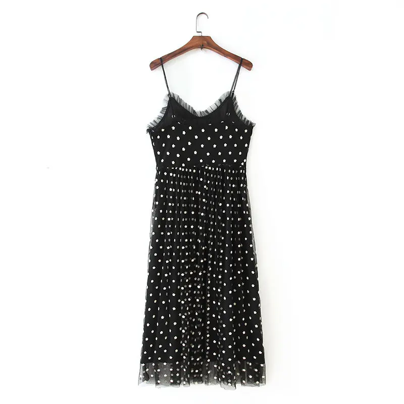 Tanie 2019 nowych kobiet chic siateczka z haftem kwiatowym sling midi sukienka kobiet v neck bez rękawów regulowany pasek z boku na zamek błyskawiczny sukienki DS2731