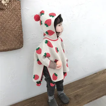

High-end Children Autumn Clothes Strawberry Handmade Pompon Cloak Baby Girls Sweater Hooded Kids Knitted Pullovers Sweaters G038