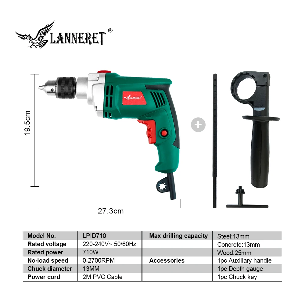 LANNERET 710 Вт Электрическая Дрель ударная дрель lHammer дрель многофункциональная Регулируемая скорость деревообрабатывающие электроинструменты переменного тока