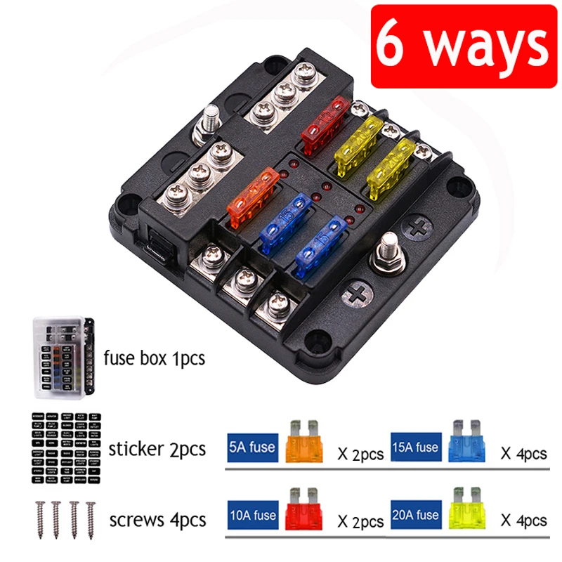 

12V 32V Plastic Cover Fuse Box Holder M5 Stud With LED Indicator Light 6 Ways 12 Ways Blade for Auto Car Boat Marine Trike