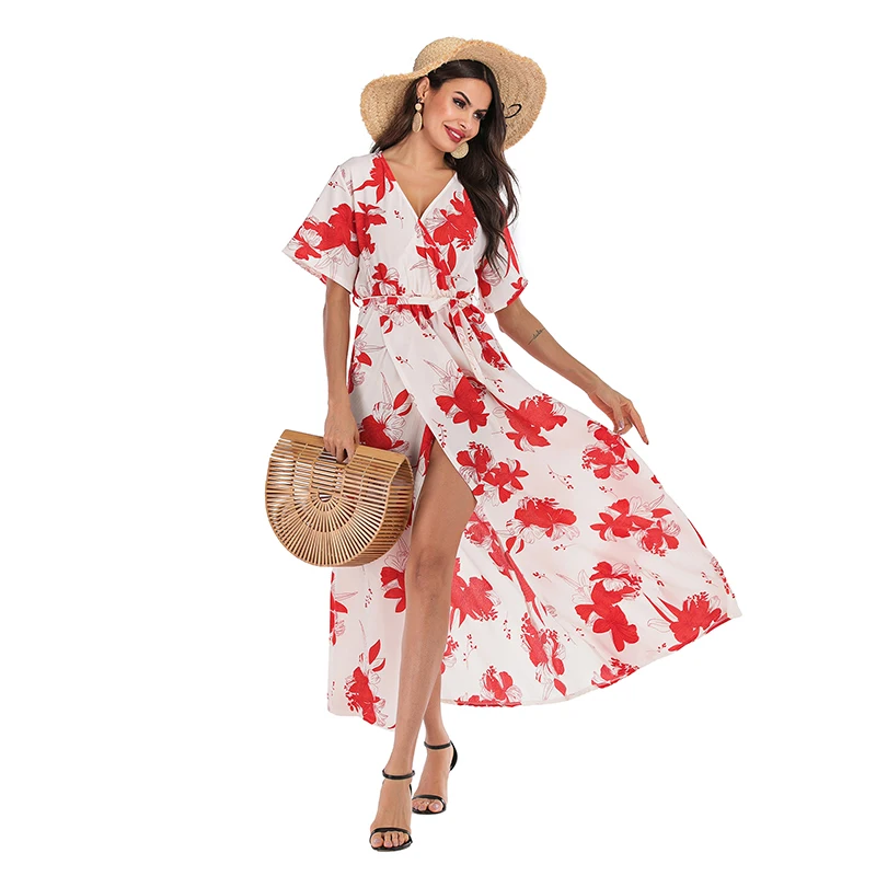 

2020 dress women's fashion sexy spring and summer chiffon long female white casual printing waist waist dress
