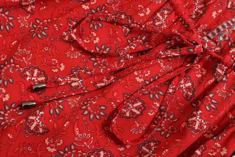 TEELYNN мини платья для женщин халат Цыганский красный цветочный принт летние платья вискоза с расклешенным рукавом v-образным вырезом короткие boho платья Vestido