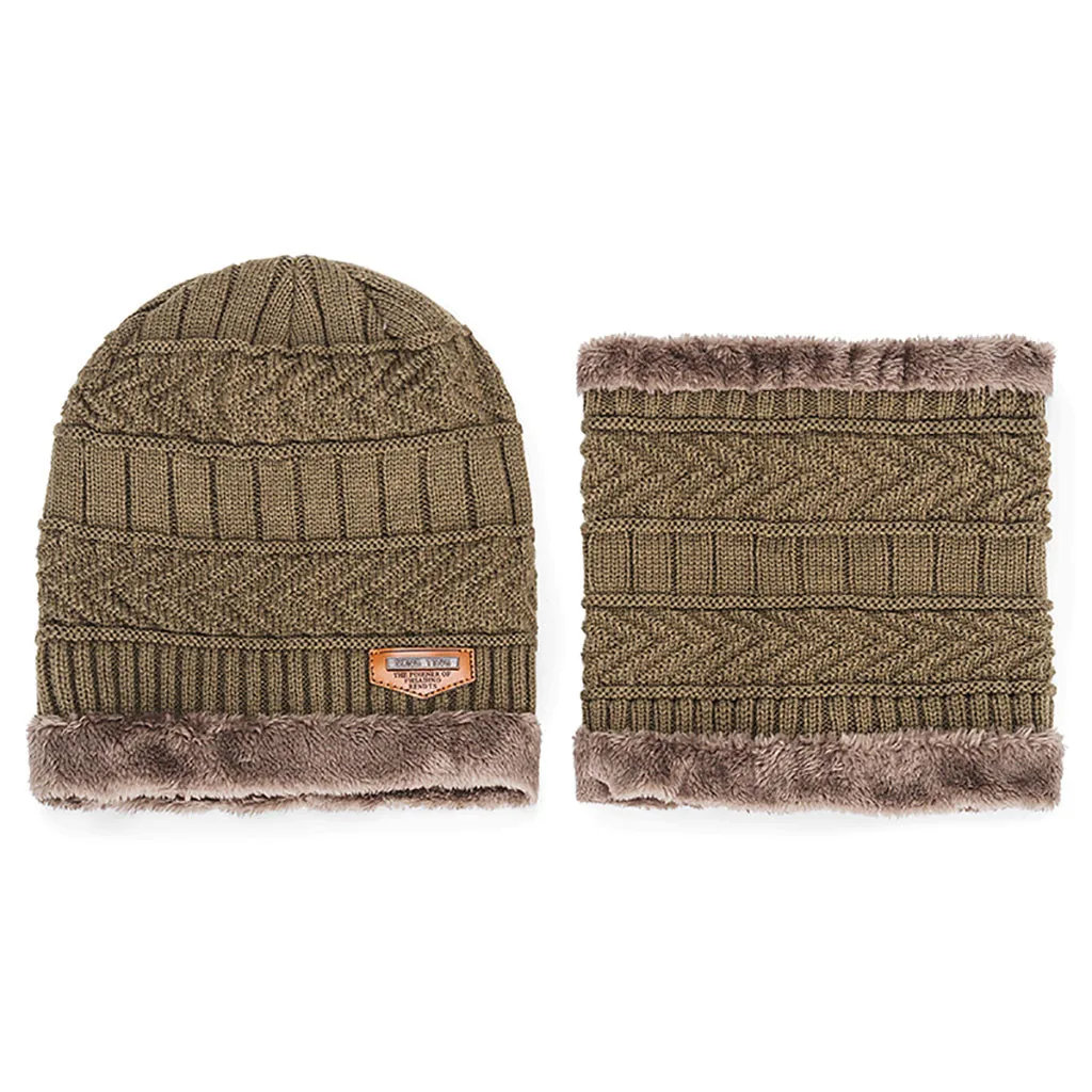 Мужская теплая шапка Skullies+ мягкий шарф, комплект из двух предметов, зимняя утолщенная шапка, Мужская ветрозащитная вязаная шапка, грелка для шеи# T5P
