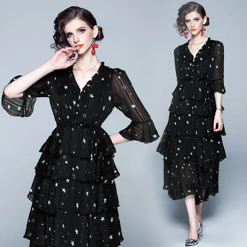 

2019 Summer New Style Sweet Elegant Polka Dot Cake Dress Half Sleeve Waist Hugging Very Fairy of France Non-mainstream Dress Wom