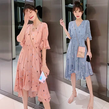 

610# Summer Korean Fashion Maternity Dress Elegant V neck Slim Clothes for Pregnant Women Sweet Floral Printed Chiffon Pregnancy