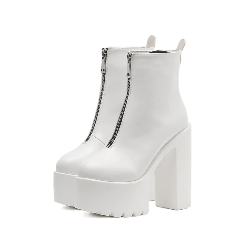 Белый Platform 5cm Women Luxury Booties Boots Cowgirls 14cm High Thick Heels Fetish Shoes Fall Boots Leather black White Botines - Цвет: Белый