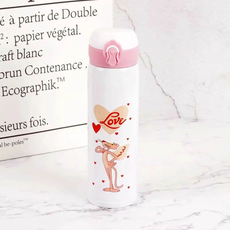 

Private Cartoon Pink Panther Insulated Stainless Steel Bottle Large Capacity Portable Student Bounce Cover Cup Car Mounted Glass