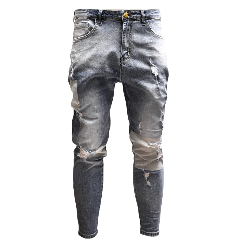 Mens Skinny Patchwork Ripped Jeans Streetwear Light Blue Ankle-Length dsq Pants for Cowboys Men Mens Skinny Patchwork Ripped Jeans Streetwear Light Blue Ankle-Length dsq Pants for Cowboys Men