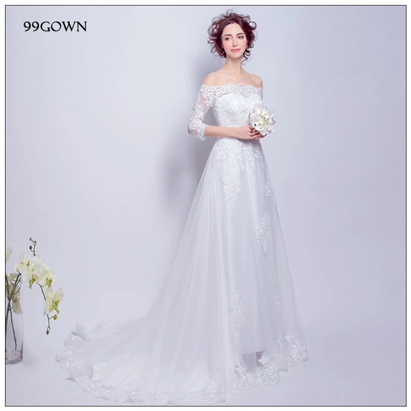 99GOWN, сексуальное длинное свадебное платье из тюля с открытыми плечами и кружевом для женщин, роскошное свадебное платье с длинным шлейфом и шнуровкой сзади