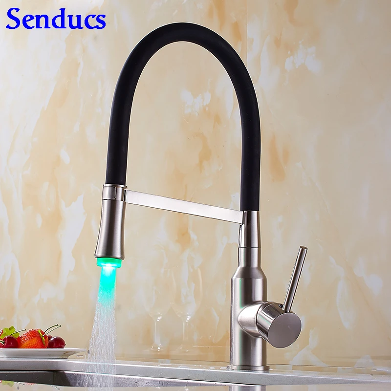 9135brushed-LED Senducs светодиодный смеситель для кухни качественный латунный вытяжной кухонный кран для раковины роскошный светодиодный смеситель для ванной комнаты модный домашний кухонный кран - Цвет: 9135brushed-LED