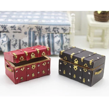 

NEW 1:12 Miniature Treasure Chest Wood Case with Leather and Golden Holder Dollhouse Furniture Accessories