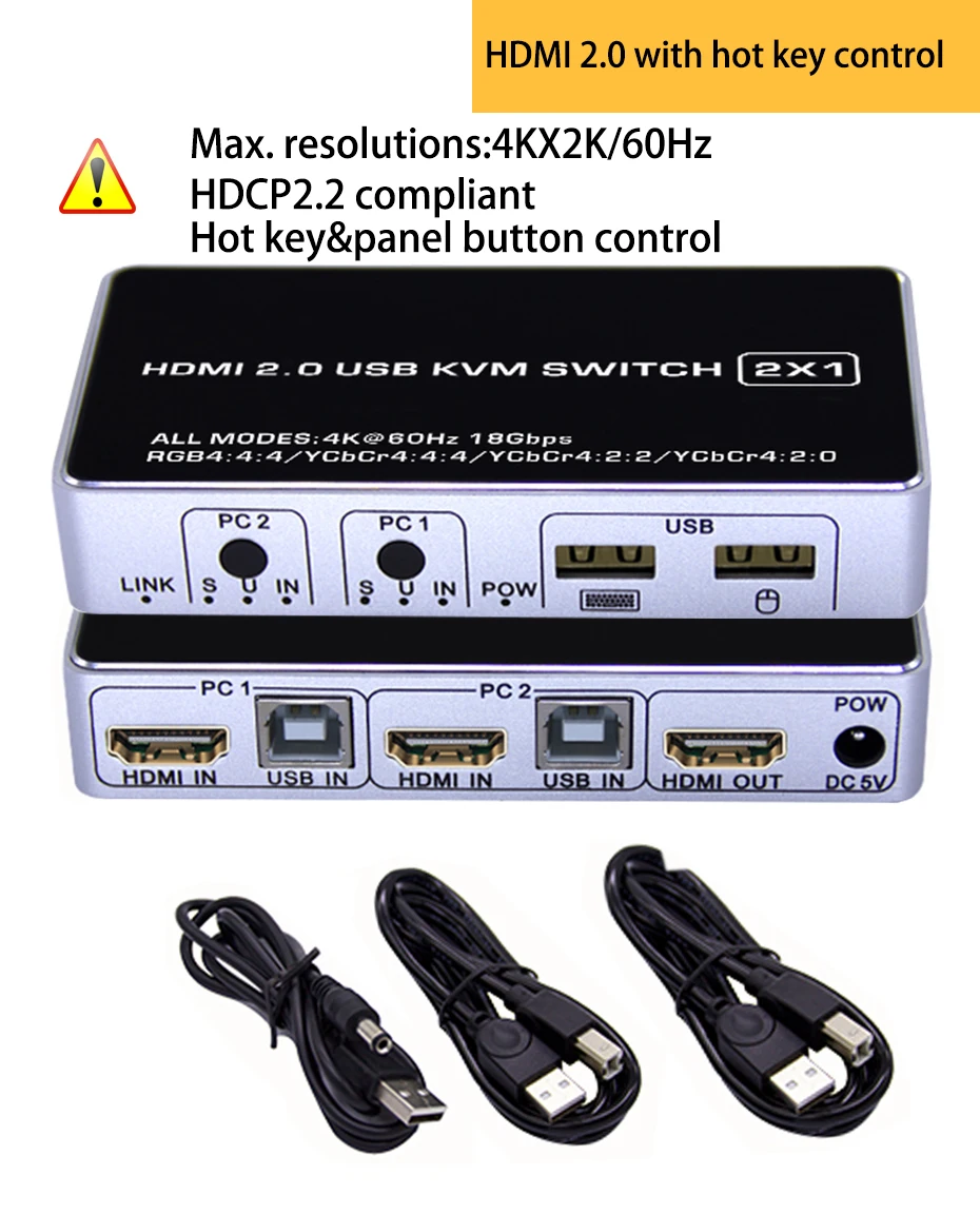 60Hz with Hotkey HDMI 2,0 KVM кабель переключения 2 порта 4K HDMI KVM переключатель монитор селектор коробка HDMI 1,4 HDMI USB KVM коммутатор коробка для ПК latop UHD tv - Цвет: 60Hz with Hotkey