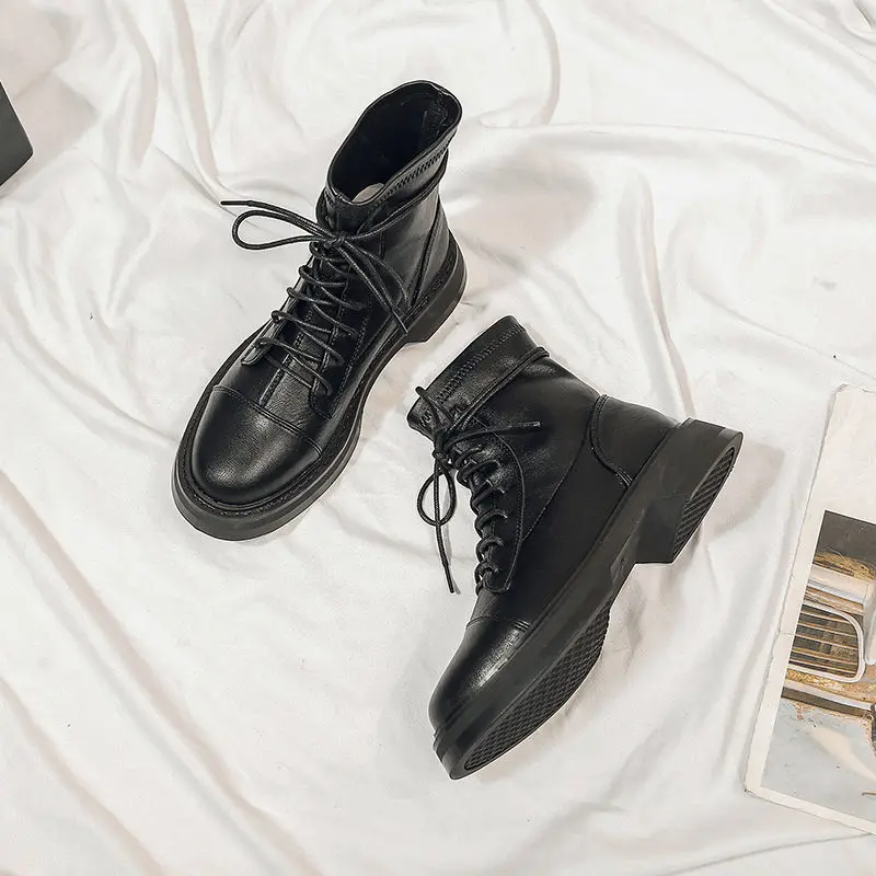 Boots Female women shoes Ankle 2020 Autumn British Wind Genuine Leather Thick With Short Boots Motorcycle Martin shoes