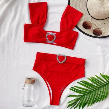 

Red Swimwear Women High Waisted Bikini 2020 Brazilian New Women's Mujer Bandeau Bikinis Heart Waist Trikini High-waist Beachwear