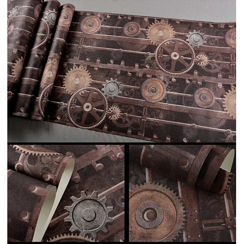 

beibehang Retro nostalgic wallpaper American personality industrial style decoration machinery gear hair salon background wall
