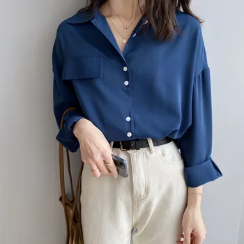 

2020 Women Spring Autumn Long Sleeve Pocket Button Down Casual Loose Chiffon Blouse Shirt Ladies Top High Quality