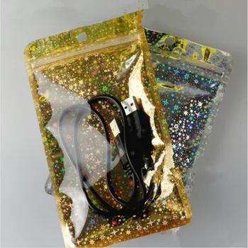 

14*22cm Glittery Golden / Clear Self Seal Zipper Plastic Retail Storage Bag, Zip Lock Ziplock Bag Retail Packing With Hang Hole