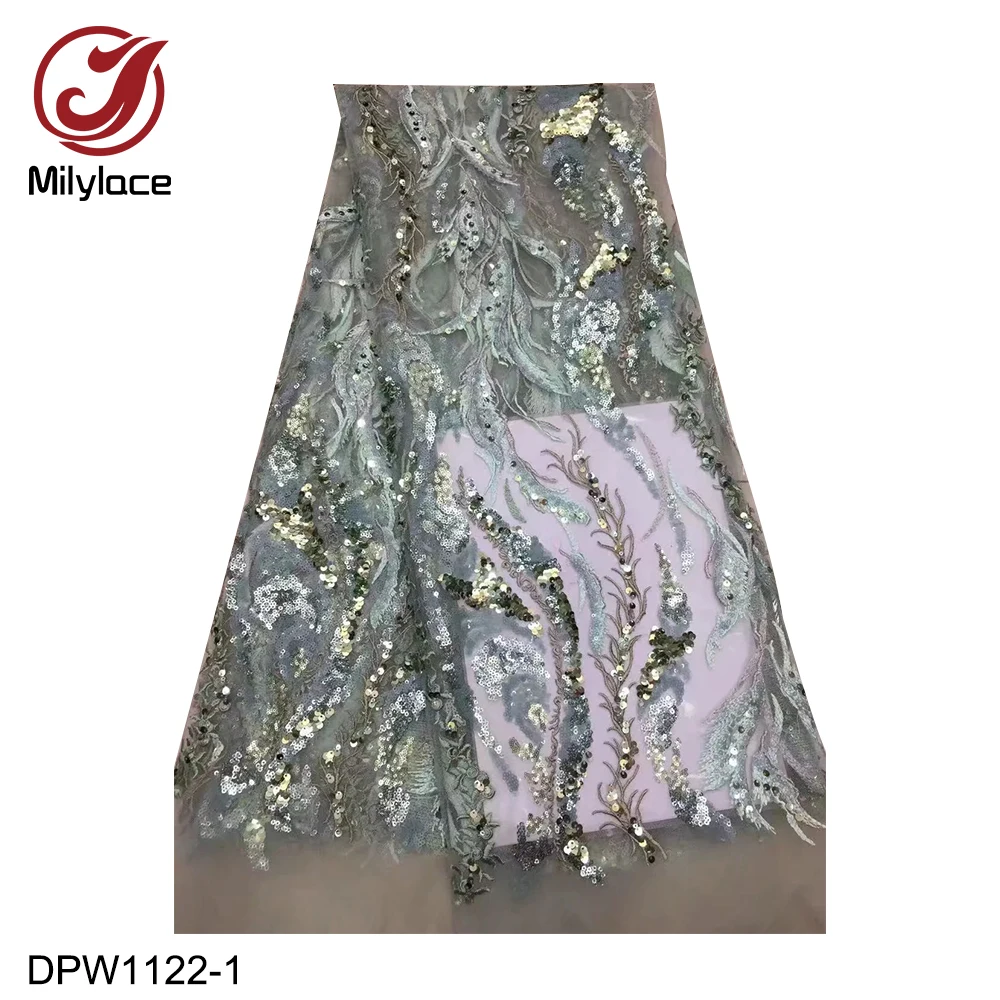 

African Tulle Lace Fabric 5 Yards Delicate Embroidery Lace Fabric with Shiny Sequins for Party Dresses DPW1122