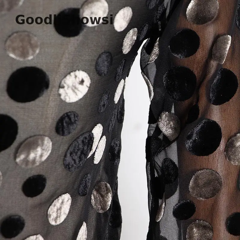 GoodliShowsi, Новое поступление, женская сексуальная прозрачная блузка, топы, в горошек, с имитацией воротника, перья, пэчворк, модные тонкие базовые рубашки