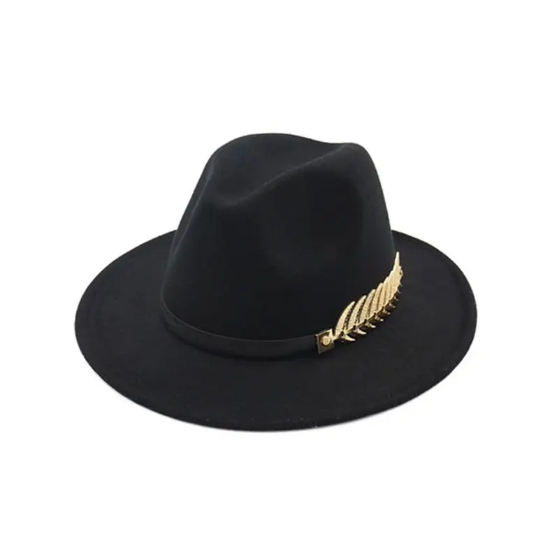 

Women Winter Faux Felt Fedoras Jazz Cap with Metal Leaf Flat Wide Brim Top Hat